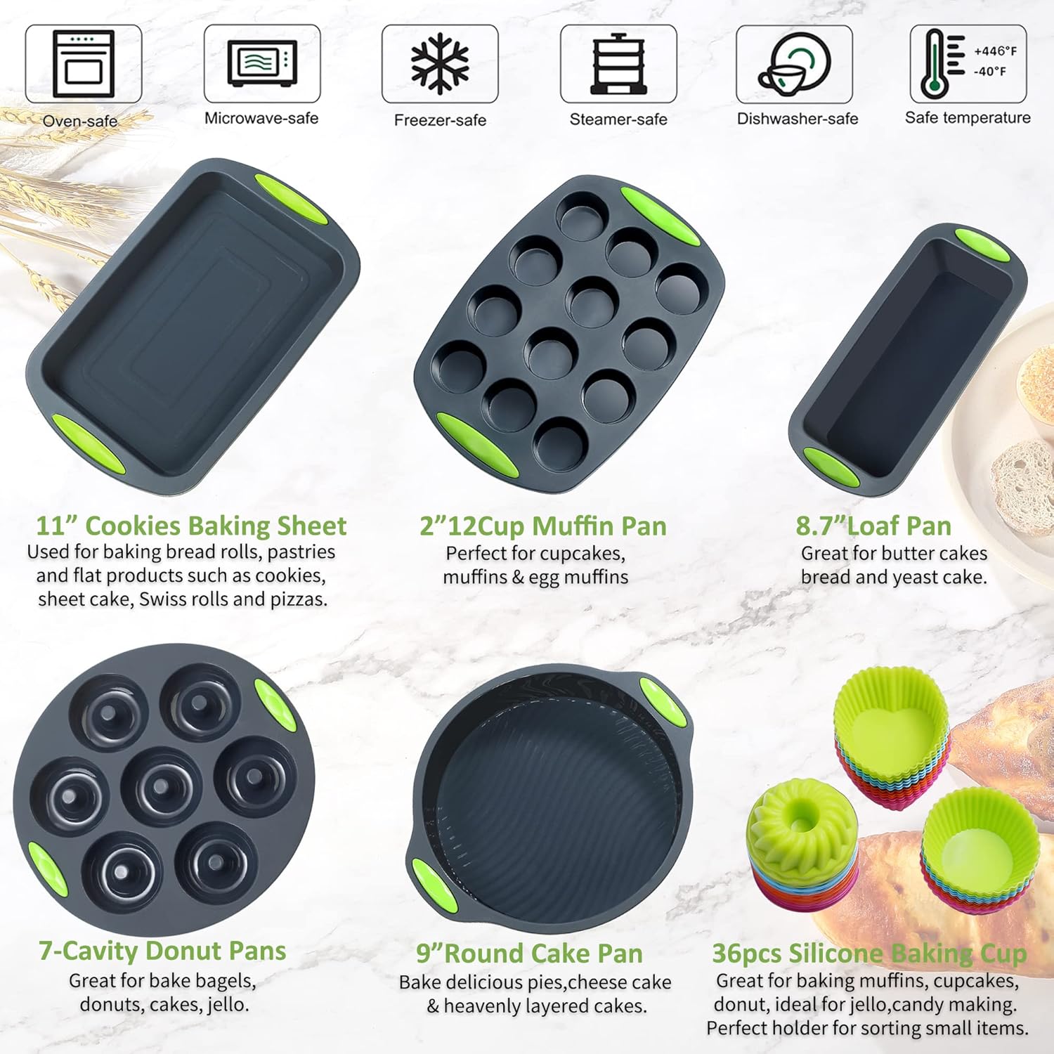 To encounter 41 Pieces Silicone Baking Pan Set, Silicone Cake Molds, Baking Sheet, Donut Pan, Muffin Pan with 36 Pack Baking Cups, Dishwasher Safe