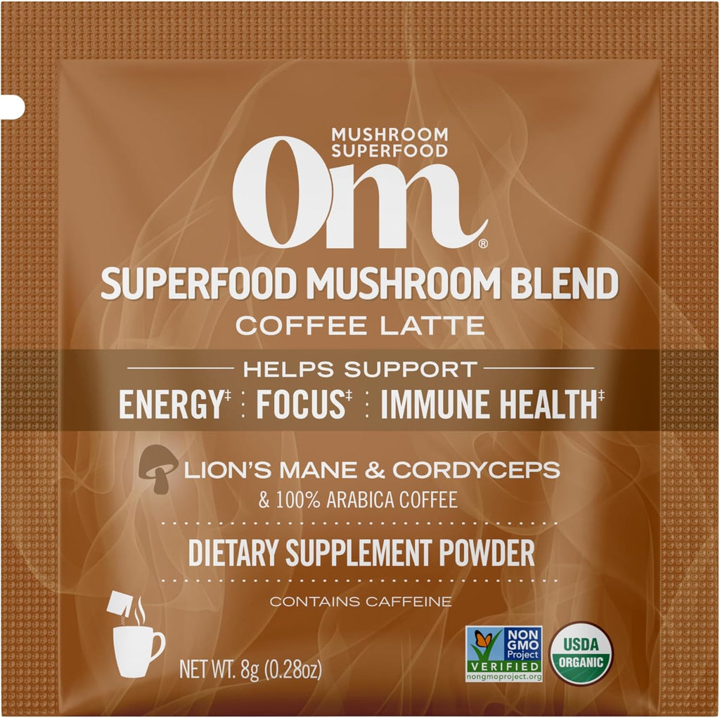 OM MUSHROOM SUPERFOOD Coffee Latte Blend Mushroom Powder, Single Serve, 10 Count, Lion's Mane, Cordyceps, Reishi, Chaga, Energy & Mental Clarity Support Supplement