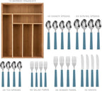 COOK WITH COLOR Bamboo Kitchen Utensil Set with Drawer Organizer | Cooking Tools and Storage Caddy, Blue, 25 Piece Cutlery Set