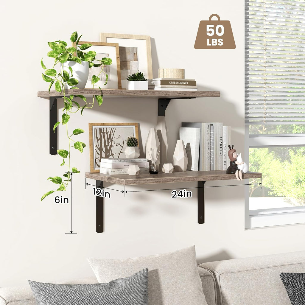 Fun Memories Floating Shelves for Wall, 12 Inch Deep Floating Shelves Set of 2, Wall Mounted Shelf with Metal Brackets, Rustic Wood Wide Shelf for Bathroom, Kitchen and Living Room, Grey, 24W x 12D