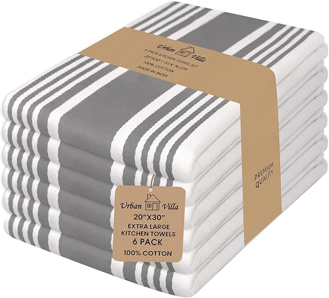 Urban Villa Kitchen Towels 100% Cotton Pack of 6, Highly Absorbent Quick Drying Super Soft Premium Dish Towel for kitchen with Hanging Loop Hand & Tea Towels - 20x30 Inch, (Dove Grey & White, Striped)