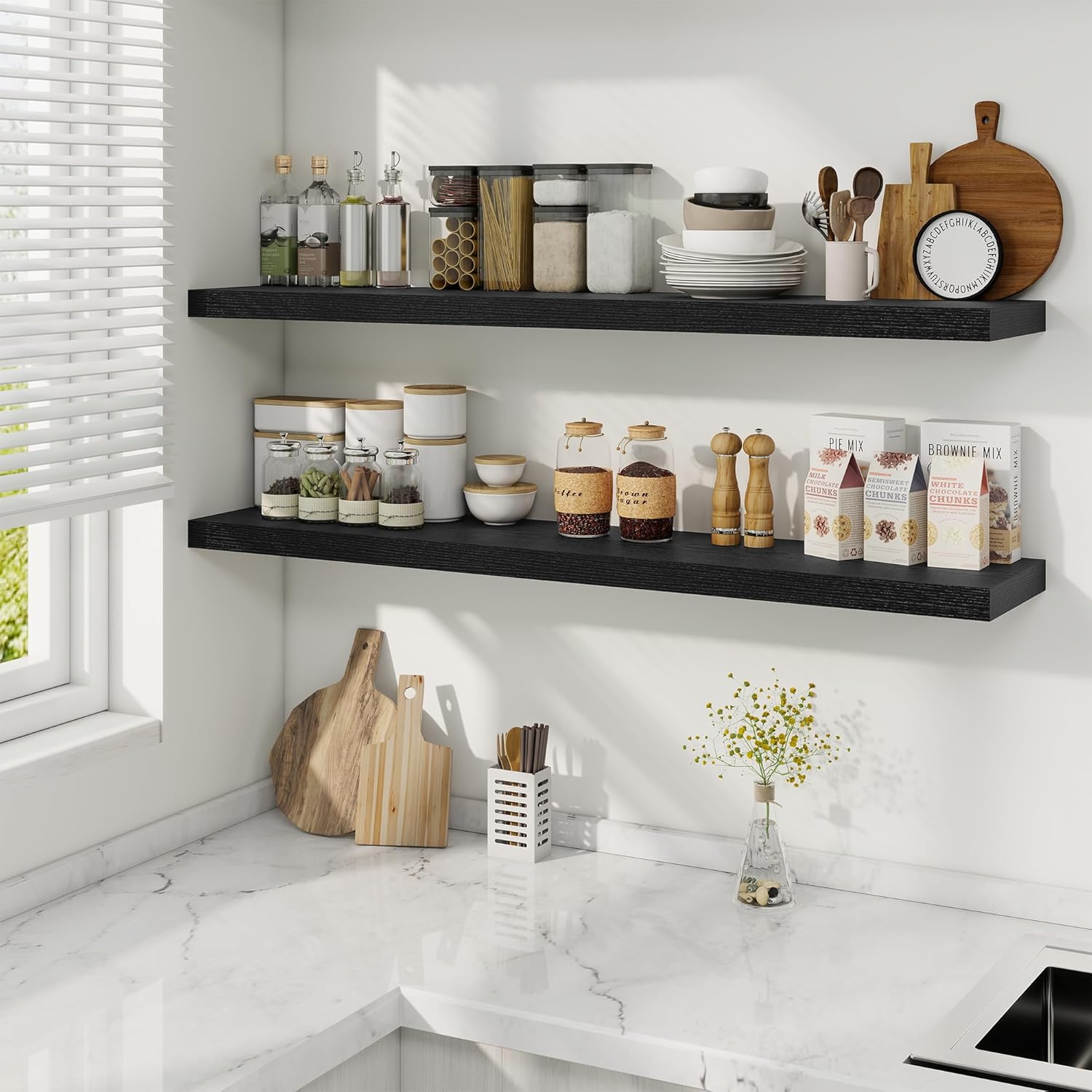 Fun Memories 48 Inch Deep Floating Shelves for Wall, 2 Pack of Long Wall Mounted Wood Shelves with Invisible Brackets for Bathroom, Bedroom, Living Room, Kitchen Decor and Storage, Black