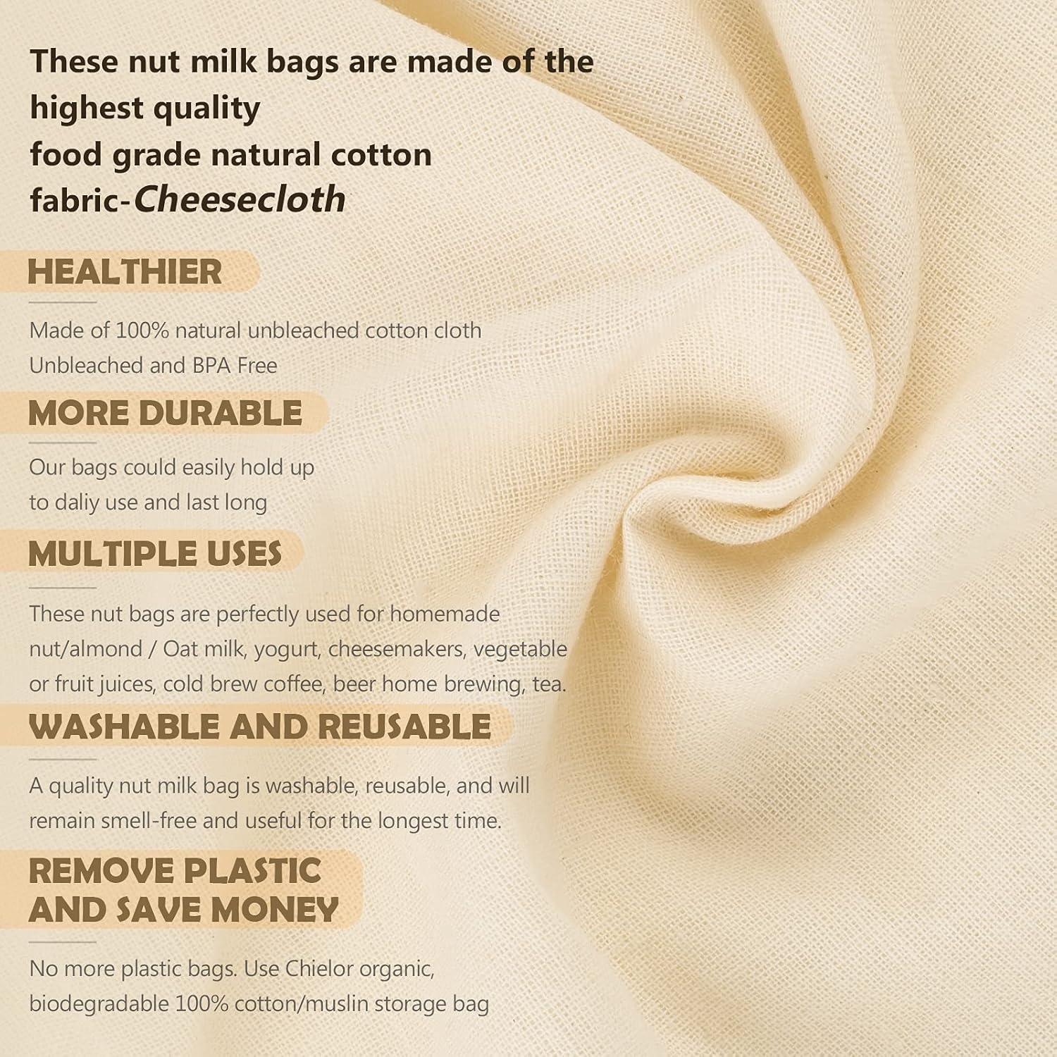 10 Pack Nut Milk Bag, Multi-size Fine Mesh Grade Reusable Cheesecloth Bags Strainers, Unbleached Organic Cotton Filter Bags for Almond Milk, Juices, ColdBrew, Cheese, Tea, Yogurt, Coffee