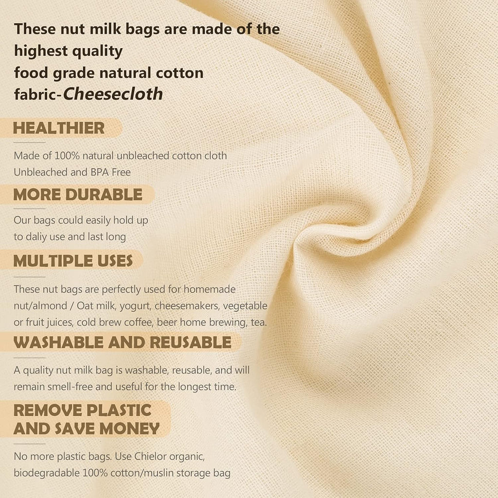 10 Pack Nut Milk Bag, 8‘’ x 12‘’ Fine Mesh Grade Reusable Cheesecloth Bags Strainers, Unbleached Organic Cotton Filter Bags for Almond Milk, Juices, ColdBrew, Cheese, Tea, Yogurt, Coffee