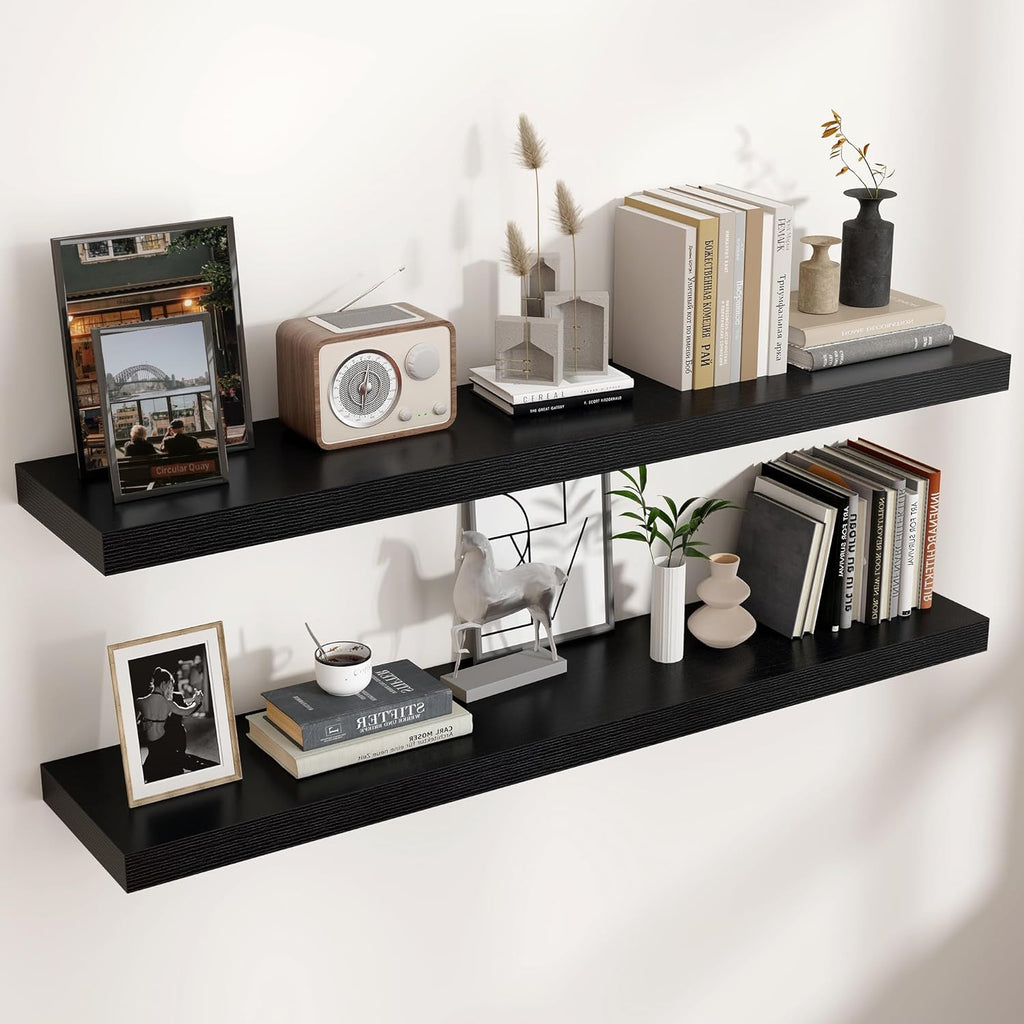 Floating Shelves - 2 Large Wall Mounted Shelves with Invisible Brackets, Long Wood Floating Wall Shelf for Living Room, Bedroom, Kitchen (Black, 48" W x 9" D x 1.5" H)