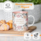 Christian Art Gifts Pink Floral Ceramic Coffee Mug – 14 oz. Lead and Cadmium-free Non-toxic Inspirational Scripture Coffee and Tea Mug for Women with Bible Verse: My Strength and My Song –Psalm 118:14