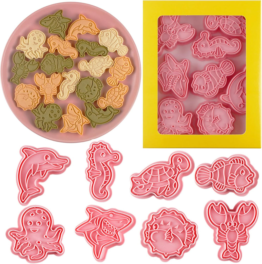 8 Pcs Ocean Cookie Cutters Set Baking Molds 3D Ocean Press type Cookie Cutter for Baking, Fondant, Cheese, and Pastries