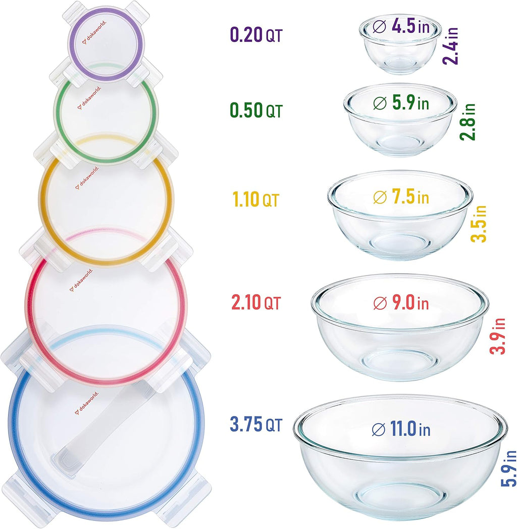 Set of 5 Stackable Space-Saving Nesting Glass Bowls with BPA Free Lids for Foodprep, Storage, Baking, Mixing & Cooking, Microwave Safe - Durable Inert Borosilicate Glass