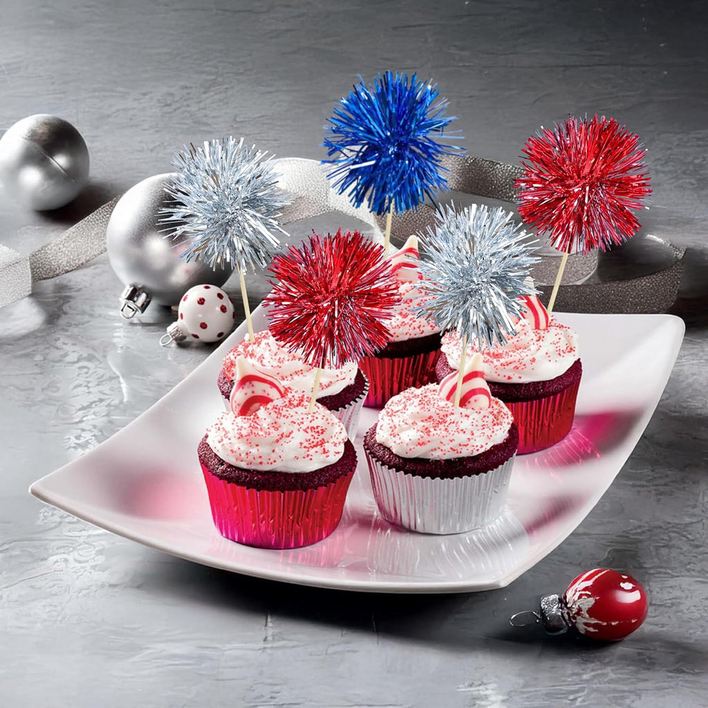 Ephlyn 30Pcs Foil Firework Cupcake Toppers Sparkle Tinsel Cupcake Picks Happy Birthday Cake Toppers Drink Cocktail Food Fruit Toothpicks for Baby Shower Birthday Party Supplies Red Silver Dark Blue