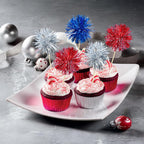 Ephlyn 30Pcs Foil Firework Cupcake Toppers Sparkle Tinsel Cupcake Picks Happy Birthday Cake Toppers Drink Cocktail Food Fruit Toothpicks for Baby Shower Birthday Party Supplies Red Silver Dark Blue