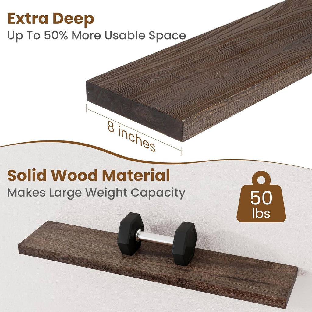 Floating Shelves for Wall Decor, 8 Inch Deep Rustic Solid Elm Wood Floating Shelves Wall Mounted, Wall Shelves with Invisible Bracket for Living Room Bathroom Bedroom Kitchen, 36 Inch Set of 2, Walnut
