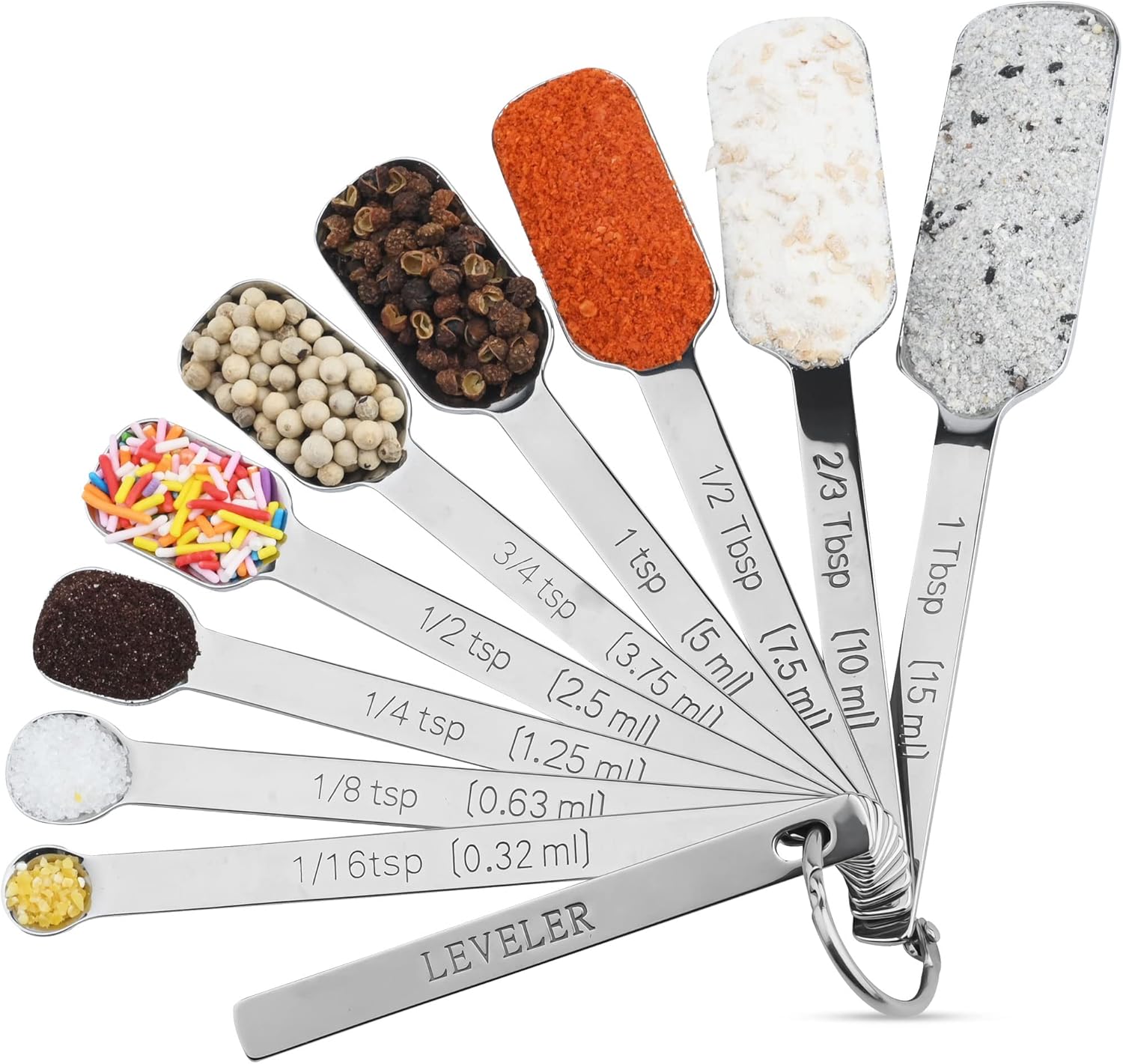 Stainless Steel Measuring Spoons - 10 Piece Set, Metric & US, Long Handle, Ideal for Kitchen & Baking, Includes 1/16Tsp & 2/3Tbsp for Spice Jars