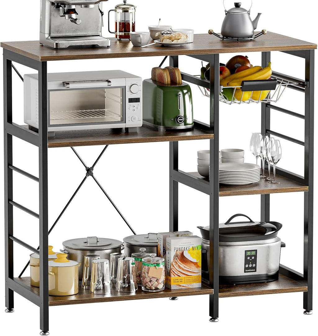 Baker’s Rack, Microwave Oven Stand with Bamboo Frame, 35.43" Coffee Bar with Wire Basket & 6 Hooks, 3-Tier Kitchen Storage Shelf Stand for Kitchen, Living Room, Office, Rustic Brown