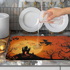 Happy Halloween Dish Drying Mat Fall Pumpkin Witch Dishes Draining Mats Spooky Castle Coffee Bar Bats Trick or Treat Dish Drying Pad Self Fast Absorbent Dryer Mat for Kitchen Countertop (18x24 in)