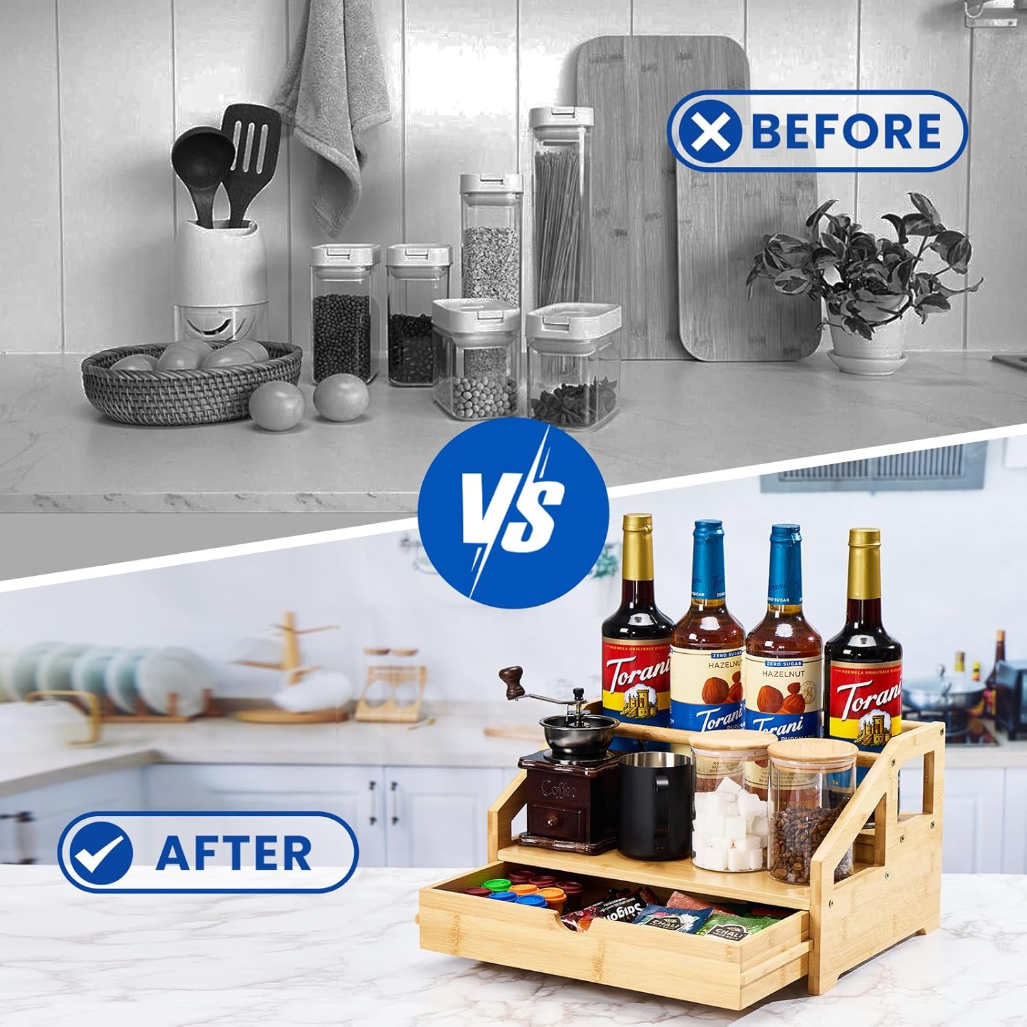 Bamboo Coffee Syrup Rack Organizer 3 Tier Rack with Cup Storage Box, Bottle Holder Stand for Syrups, Dressings, Kitchen Coffee Station, Natural