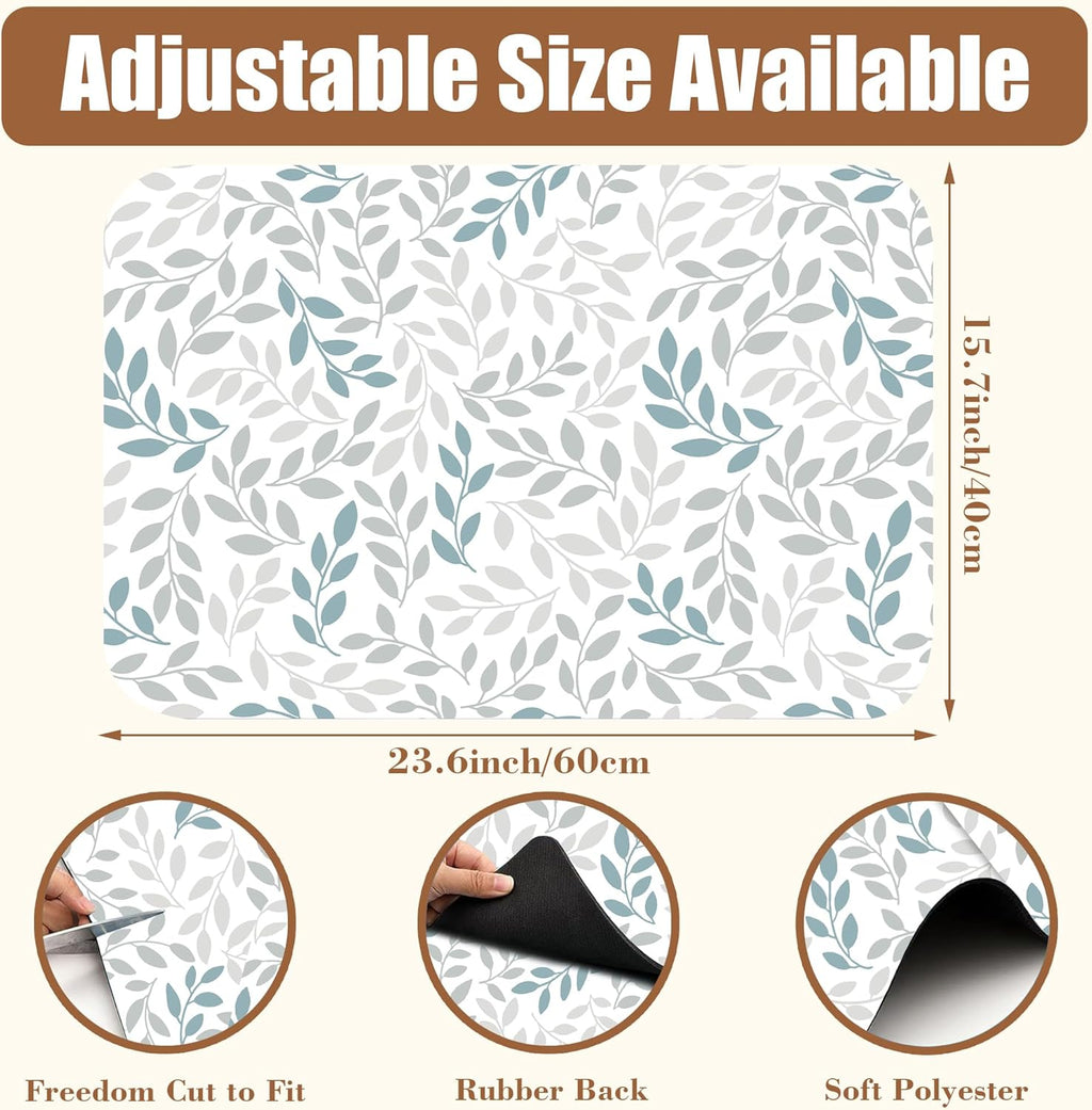 Grey and Blue Leaves Branches Dish Drying Mat for Kitchen Counter Bar Mat Hide Stain Absorbent Rubber Backed 15.7 x 23.6 Inch