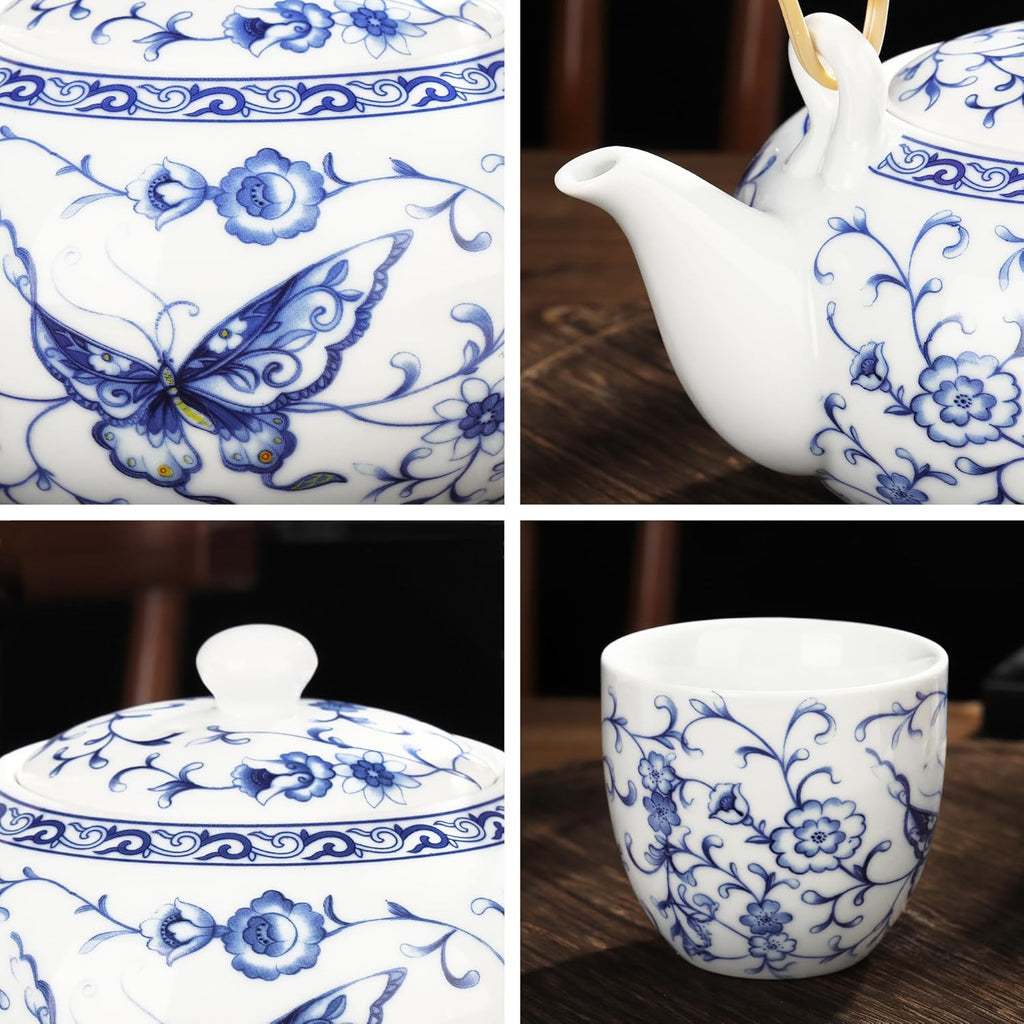 fanquare Chinese Blue and White Porcelain Tea Set with 1 Teapot Set, 6 Tea Cups, Butterfly Pattern Asian Japanese Tea Sets for Adults