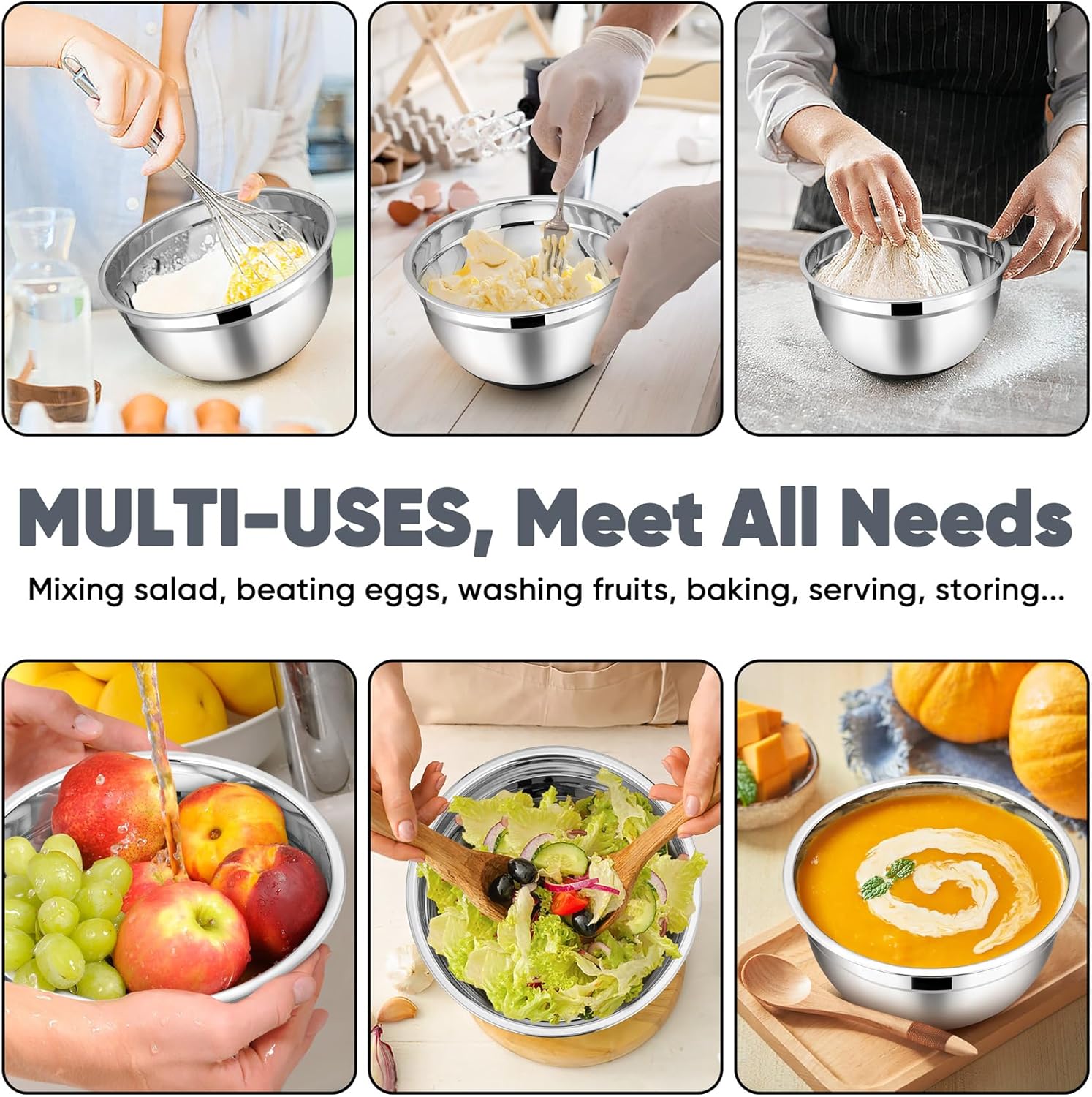 TeamFar Mixing Bowls with Lids Set, 7/3.5/2.5/1.5/1 QT, Stainless Steel Large Metal Salad Nesting Bowl, Non-Slip Silicone Bottom & Airtight Lid, Healthy & Deep - Set of 5(Black)