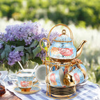 Zhehao 20 Pcs Porcelain Tea Set with Metal Holder and Spoon Adult Ceramic Tea Party Set European Flower Painting Teapot Cup Saucer Spoon Set for Women, Large Version(Simple Style)