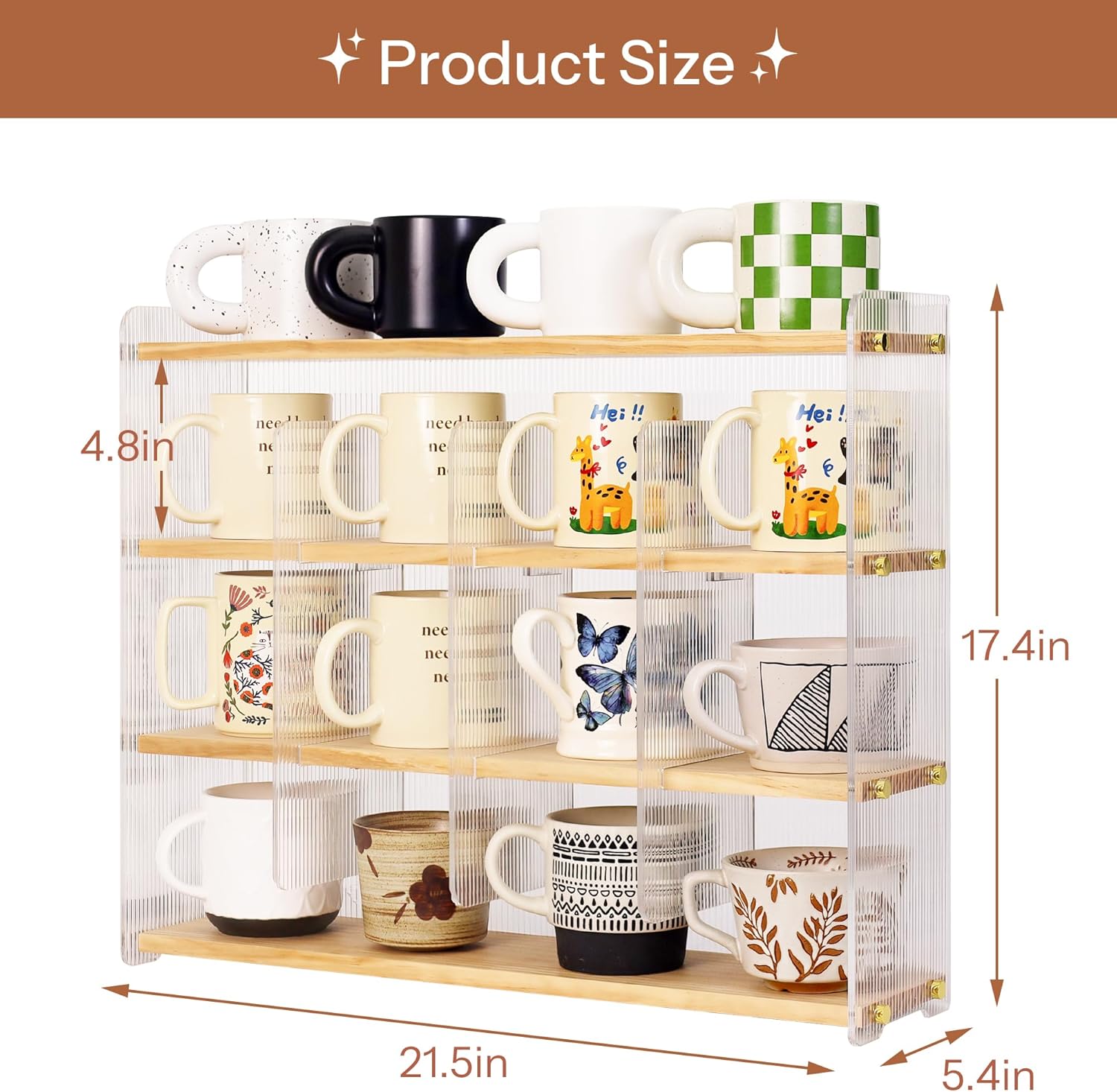 Coffee Mug Holder Wooden Cup Station Organizer 4-Tier Cup Holder for Coffee Bar Mug Display Rack for Countertop Mug Holder Shelf for Home Kitchen Pine Wood