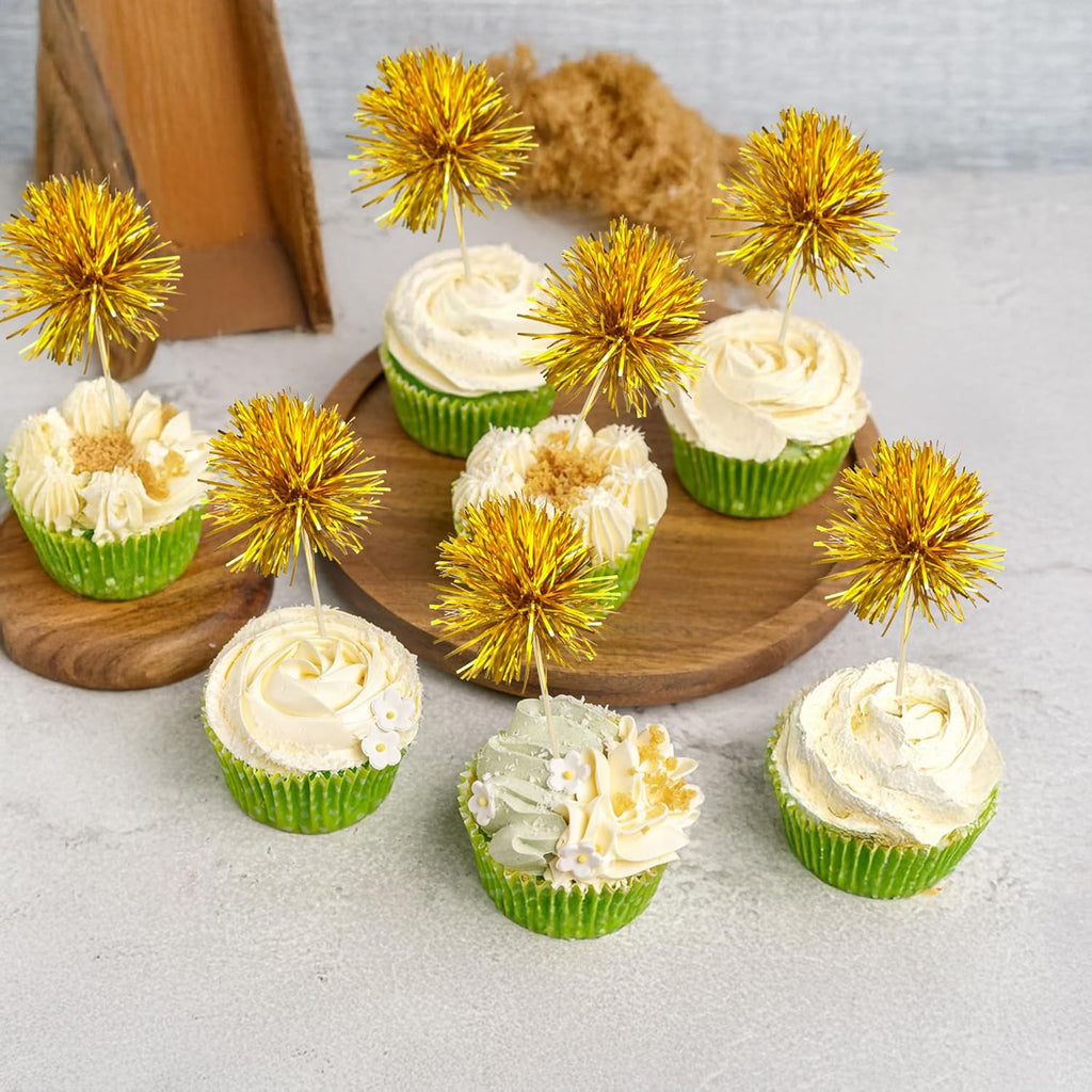 Ephlyn 30Pcs Foil Firework Cupcake Toppers Sparkles Fireworks Sticks Birthday Decorations Sparkle Tinsel Cocktail Fruit Toothpick for Birthday Wedding Graduation Party Cake Decorations Gold