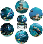 6 Pcs Coasters for Drinks with Holder,Underwater Fishes Sea Turtle Absorbent Coaster with Cork Backing,Great Gift for Housewarming,Room Decor,Bar,Holiday Party
