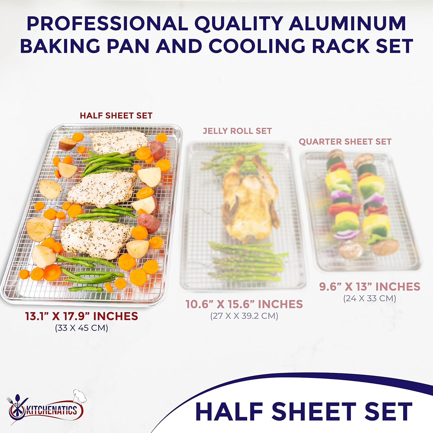 KITCHENATICS Aluminum Baking Pan Half Sheet with Grid: Baking Sheet with Wire Rack, 13 x 18 Baking Trays with Stainless Steel Wire Cooling Rack for Baking, Easy Clean, Commercial Quality, Heavy Duty