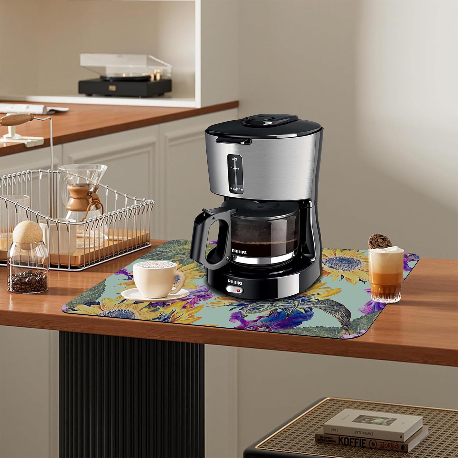 Dish Drying Mat Watercolor Sunflowers Irisflowers Floral Kitchen Mat 12"x19" Bsorbent Coffee Maker Mat for Dishes,Utensils Coffee Maker Pots and Pans Easy Clean Dish Slip Resistant Pad