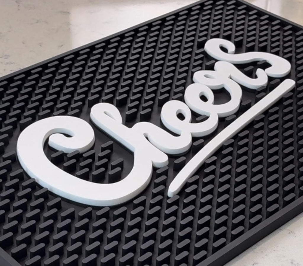 Cheers Sign Tiki Bar Mats for Countertop 18 x 12in, Tiki Decor Cheers Sign for Bar Cart Decor and Accessories and Essentials, Silicone Coffee Mat and Coffee Matt for Counter, Drink Signs for Party