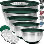 Priority Chef Stainless Steel Mixing Bowls with Lids Set, 3 Grater Attachments, Airtight Lids, Non-Slip Silicone Base Mixing Bowl Set, Large Prep Metal Mixing Bowls for Kitchen, Green