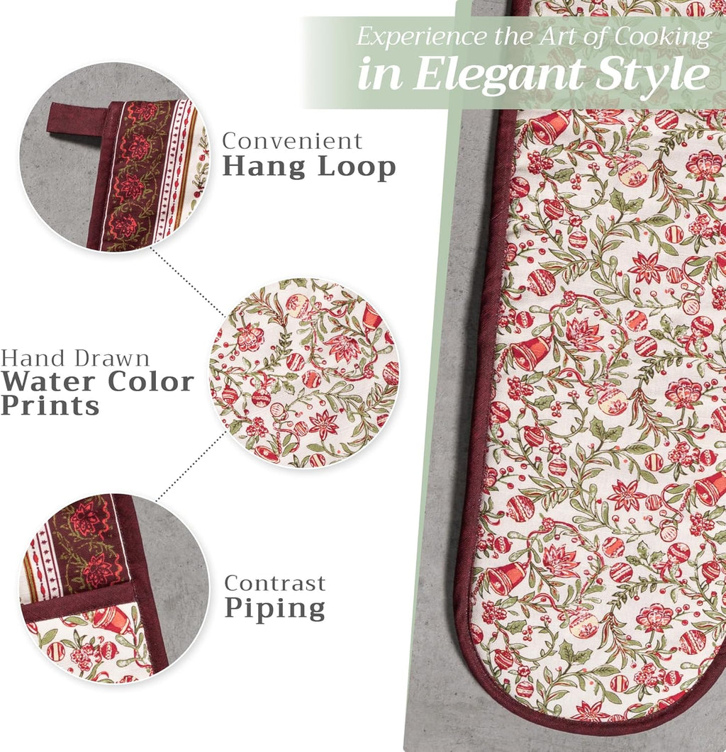 Maison d' Hermine Double Oven Mitts 100% Cotton 7"x35" Double Oven Mitt Heat Resistant BBQ Cooking Gloves with Loop, Baking, Grilling, Home, Kitchen, Handling Hot Pans (Reveillon Au Jardin)