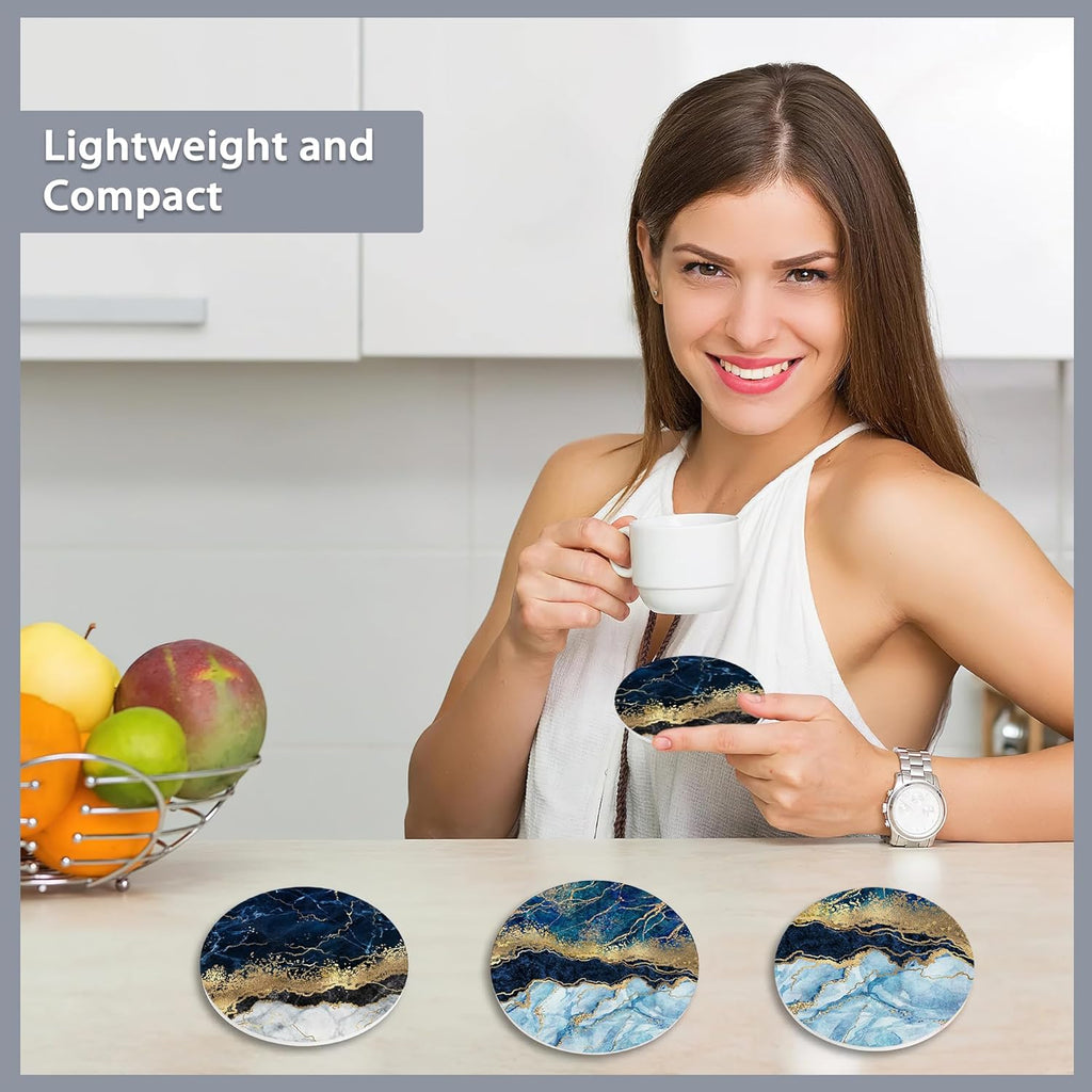 6 Pcs Coasters for Drinks with Holder,Blue Gold Marble Absorbent Coaster with Cork Backing,Great Gift for Housewarming,Room Decor,Bar,Holiday Party