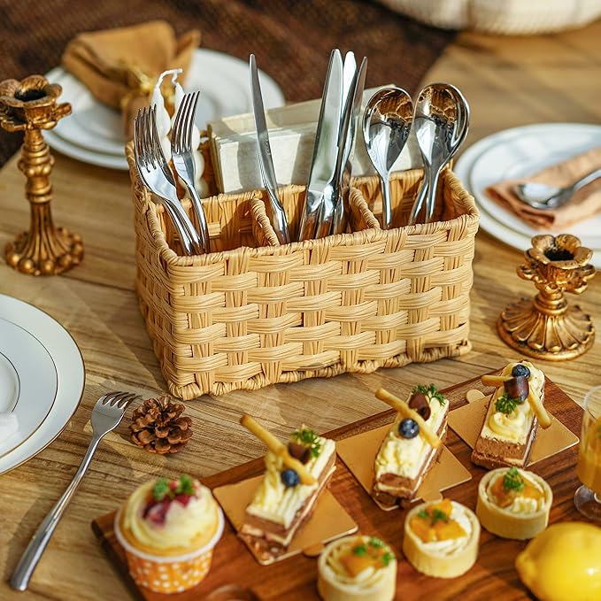 GRANNY SAYS Wicker Utensil Caddy, Utensils Holder Buffet Caddy, Spoon Cutlery Holder Utensils Organizer, Condiment Organizer Silverware Holder, Utensil Organizer for Countertop