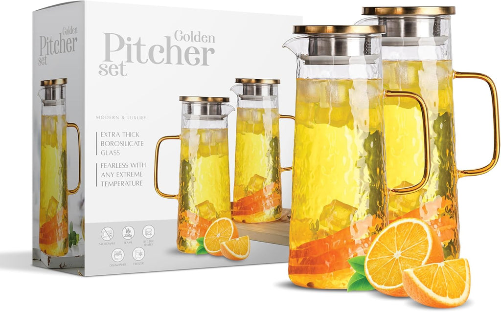 Glass Water Pitcher with Stainless Steel Lid, 2 Pack, 50 oz 1.5L - Borosilicate Glass Jug, Heat Resistant Carafe with Filter, Golden Vintage Design