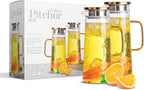 Glass Water Pitcher with Stainless Steel Lid, 2 Pack, 50 oz 1.5L - Borosilicate Glass Jug, Heat Resistant Carafe with Filter, Golden Vintage Design
