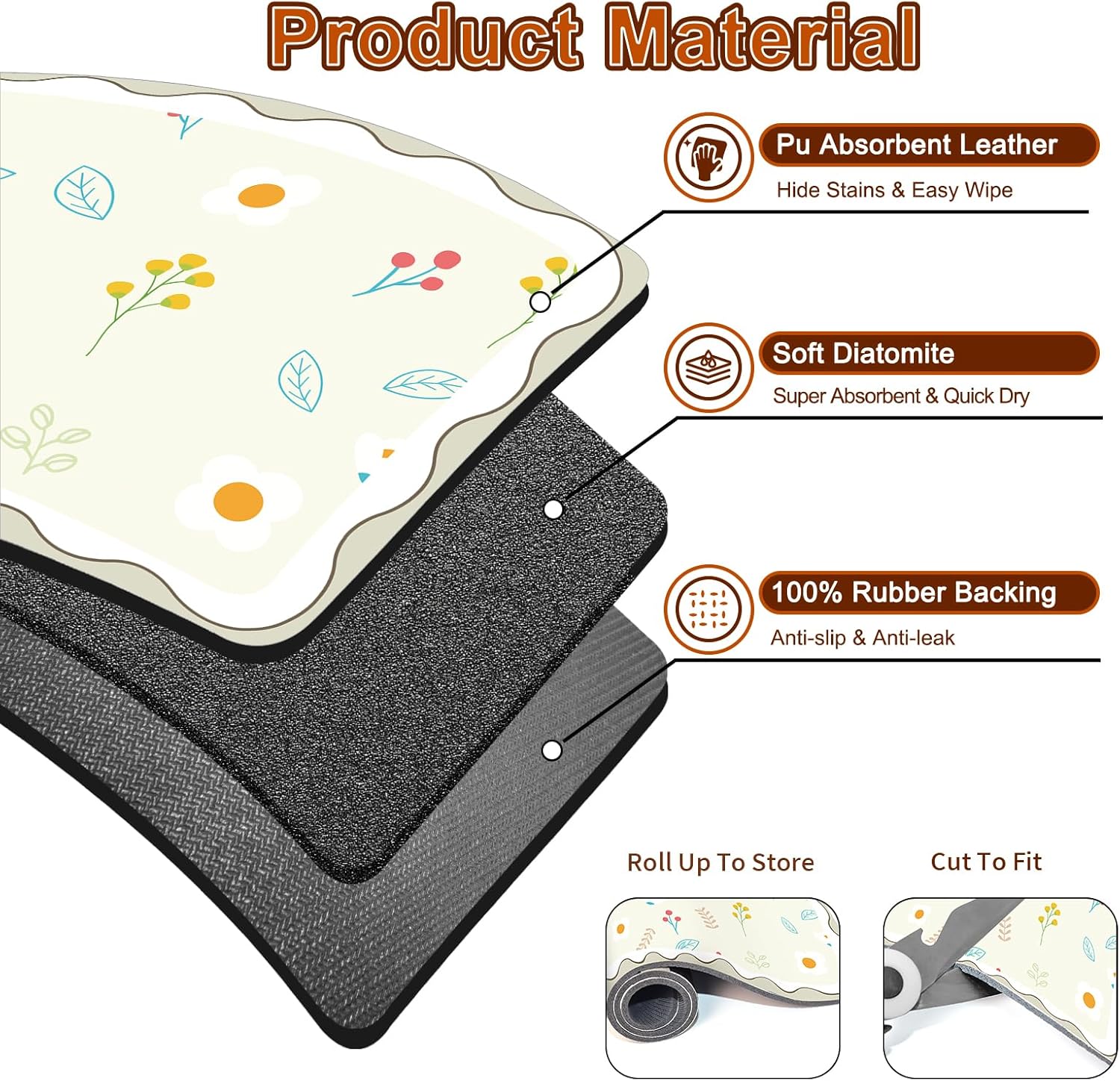 Dish Drying Mat 16" X 24", Super Absorbent & Cuttable Coffee Mats for Countertop, Kitchen Counter Mat Fits Under Coffee Maker or Machine, Hide Stain Drying Pad for Dish Drying Rack, Cute Flower