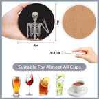 Drink Coasters Set of 6 with Holder,Human Skeleton Posing Skull Head Absorbent Ceramic Coasters with Cork Base,Fit All Cups,Tabletop Protection Mat for Mugs and Cups,Office,Kitchen