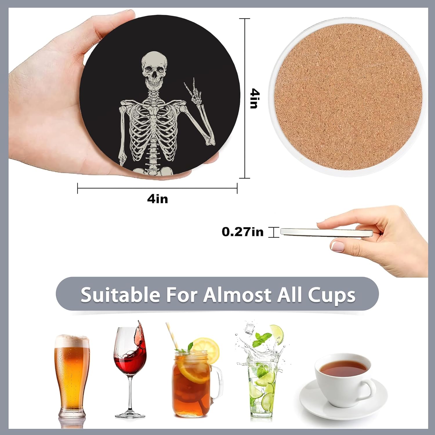 Drink Coasters Set of 6 with Holder,Human Skeleton Posing Skull Head Absorbent Ceramic Coasters with Cork Base,Fit All Cups,Tabletop Protection Mat for Mugs and Cups,Office,Kitchen