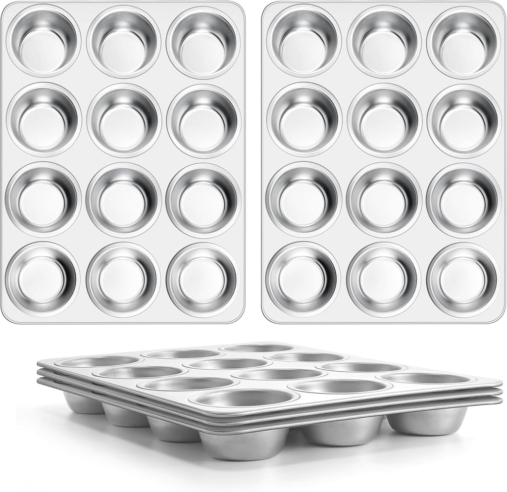 E-far Stainless Steel Muffin Pan Set of 5, 12 Cups Cupcake Pans Tins for Baking, Non-Toxic Metal Muffin Tray Molds for Small Mini Cupcake, Heavy Duty & Regular Size, Rust Free & Dishwasher Safe