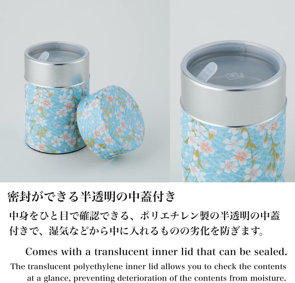 NOREN Japanese Tea Canister Tin (Yuzen Washi Paper), 3.5oz Size Made in JAPAN with Includes Inner Lid of Airtight Damp-Proof/Kitchen Jar for Loose Leaf Coffee Tea (Sakura of Kyoto/Blue)