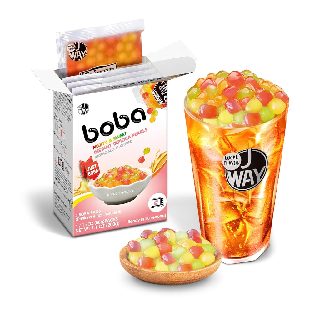 J WAY BOBA Authentic Instant Tapioca Boba Pearls for Milk Tea, Smoothies and Desserts, Tropical Fruit Flavor (Ready in Just 20 Seconds) - 4 Servings