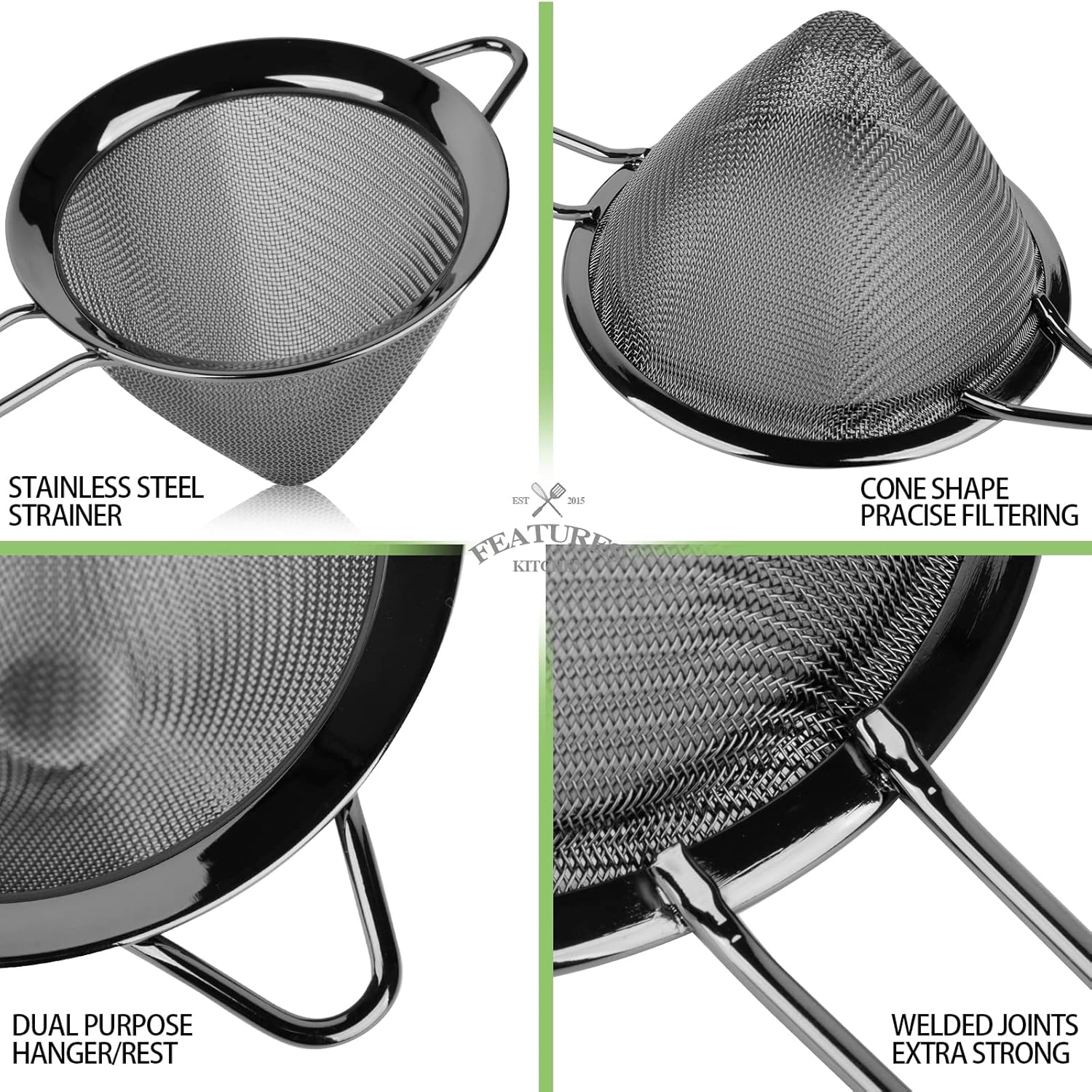 2 Pack Stainless Steel Small Food Strainer, Fine Mesh Sieve with Long Handle, Cocktail Strainer For Cocktails, Tea Herbs, Coffee & Drinks, Rust Proof & Great as Tea Strainer, 3.5inch