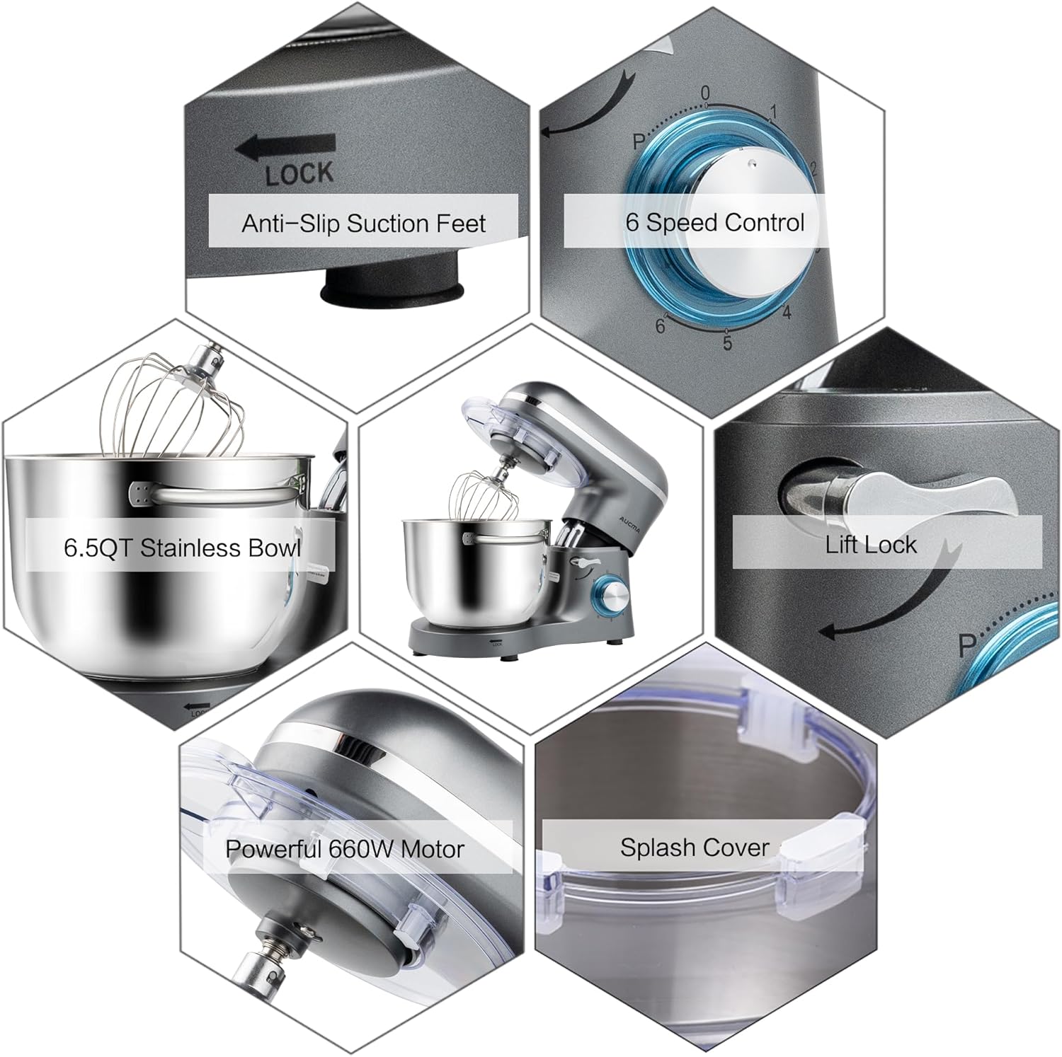 Aucma Stand Mixer,6.5-QT 660W 6-Speed Tilt-Head Food Mixer, Kitchen Electric Mixer with Dough Hook, Wire Whip & Beater (6.5QT, Gray)