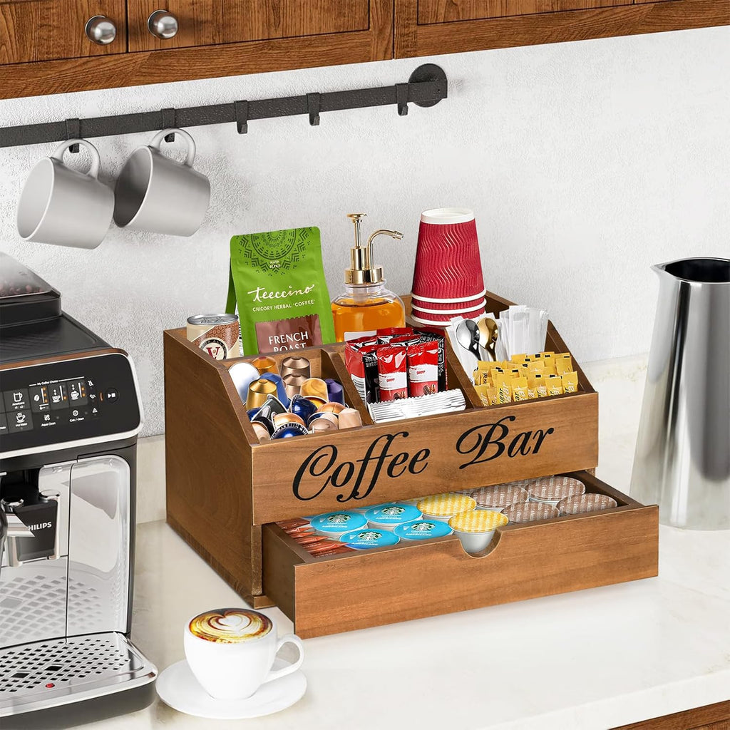 Coffee Bar Organizer Countertop, Wooden Bar Accessories With Drawer, Coffee Station Organizer Pods Holder Storage Basket, Farmhouse Tea Condiment Station