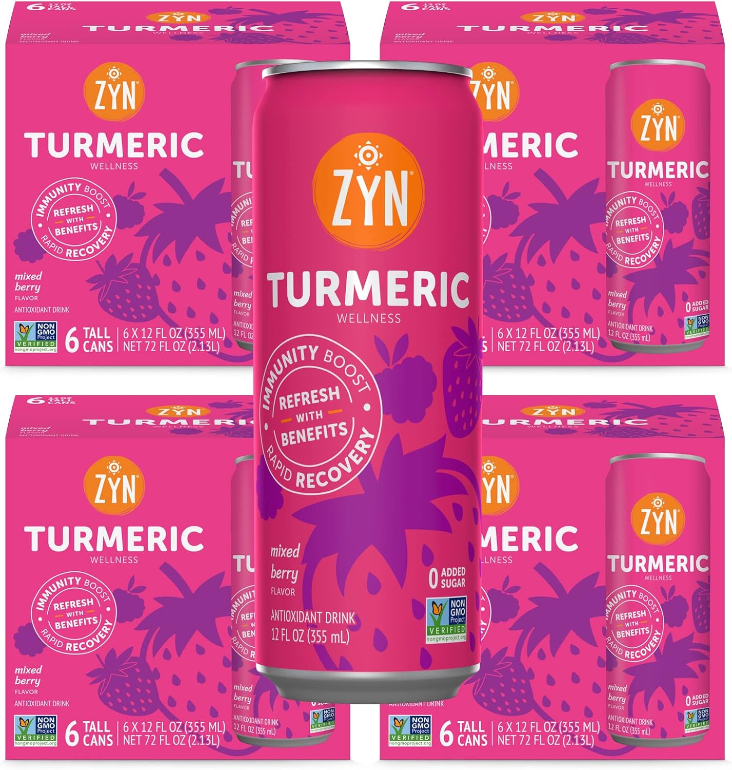 ZYN Turmeric Wellness Drink (24 Pack), Mixed Berry Flavored Turmeric Curcumin Drink with Black Pepper, No Added Sugar, Low Carb & Low Calorie Drink, Clean Alternative