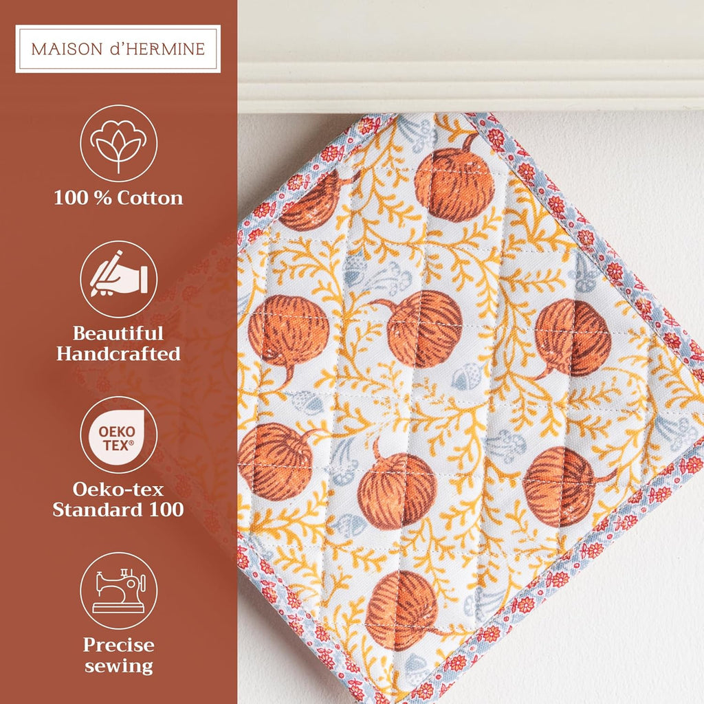 Maison d' Hermine Pot Holders Set 100% Cotton Heat Resistant Potholders 8" x 8" Hot Pads with Loop BBQ, Cooking, Baking, Grilling, Kitchen, Handling Hot Pans (Pack of 2, Harvest Festival)