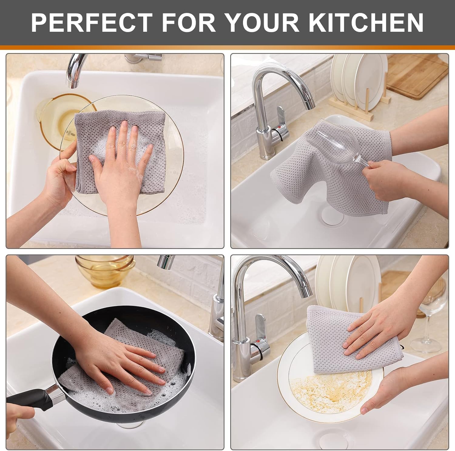 Kitinjoy 100% Cotton Kitchen Dish Cloths, 8 Pack Waffle Weave Ultra Soft Absorbent Dish Towels for Drying Dishes Quick Drying Kitchen Towels Dish Rags, 12 X 12Inch, Light Grey