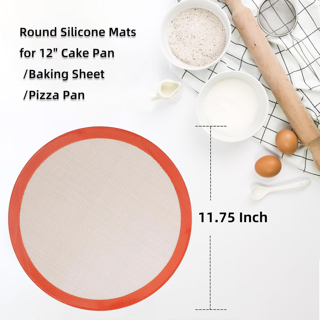 Round Silicone Baking Mats for 12 Inch Pizza Pan, 12 Inch Large Pizza Mat or Dough/Cake Mat, Round Liner for Rolling/XL Air Fryer/Cooling Rack/Microwave, Food Grade Non-Stick Reusable(11.75", 2PCS)