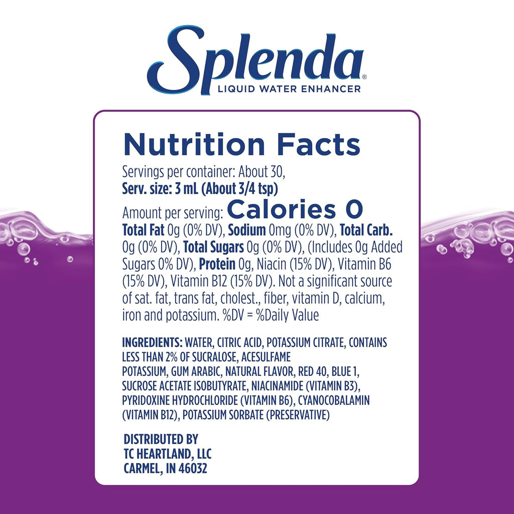 SPLENDA Liquid Water Enhancer Drops, Sugar Free, Zero Calorie, Natural Flavor, Concentrated Drink Mix, 3.11 Fl Oz Each Bottle (Grape, 2 Pack)