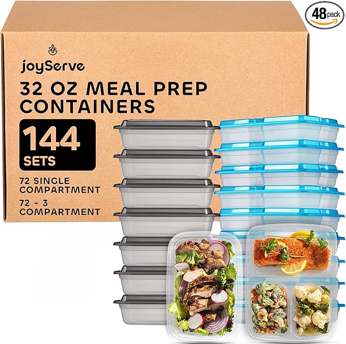 Food Storage Containers With Lids - (144 Pack-32 Oz) 72- 3 Compartment Meal Prep Containers Reusable Or Disposable & 72- Single Food Storage Bento Boxes, Bpa Free, Microwave, Freezer, Dishwasher Safe